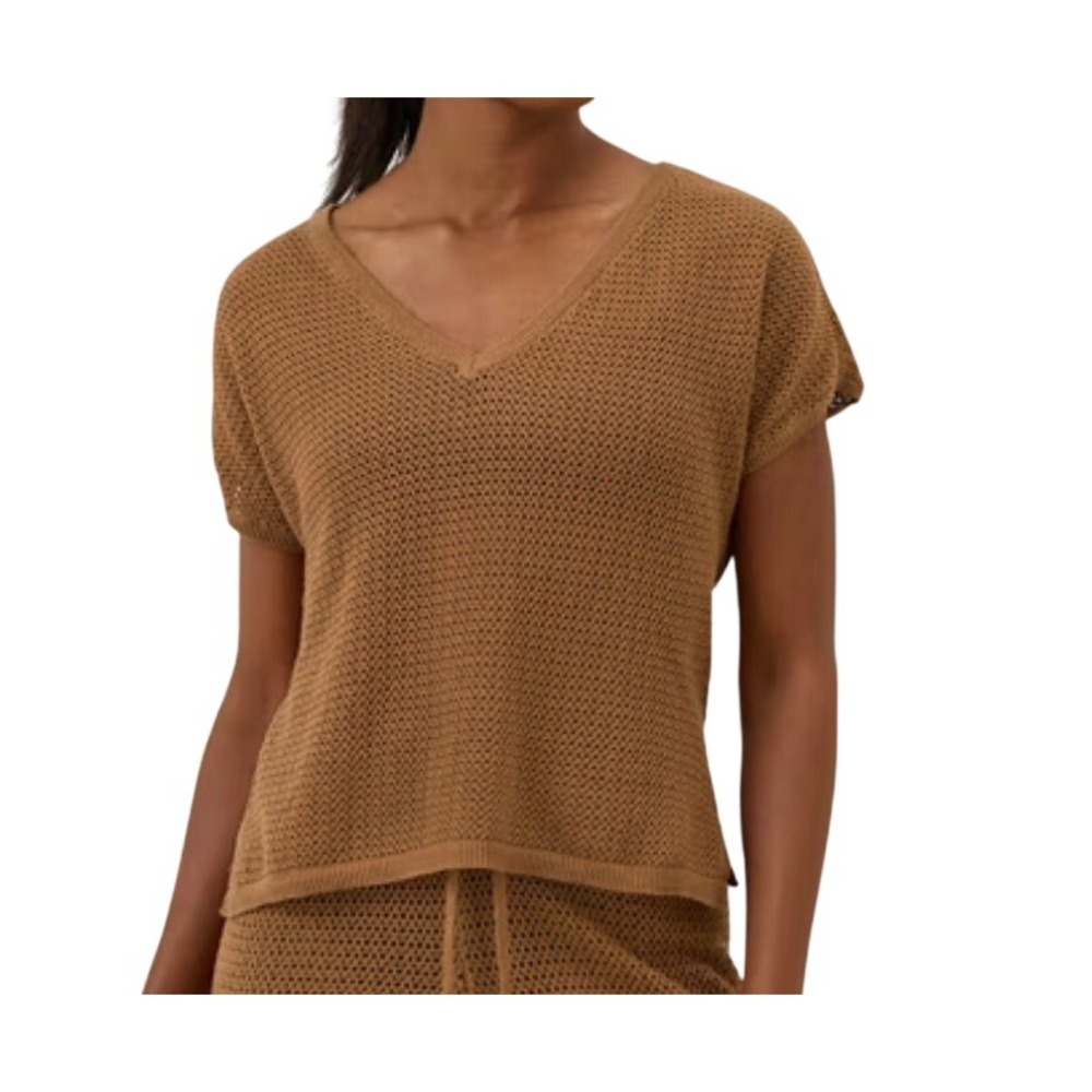 Pact Beachside Organic Cotton Crochet Knit Top Womens L Brown Sugar Breathable